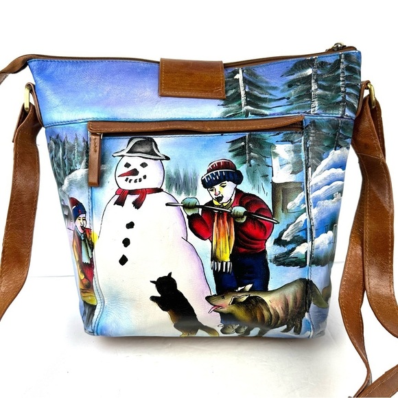 Sharif Artistic Expressions Crossbody Bag Hand Painted Leather Winter Wonderland - Picture 6 of 15
